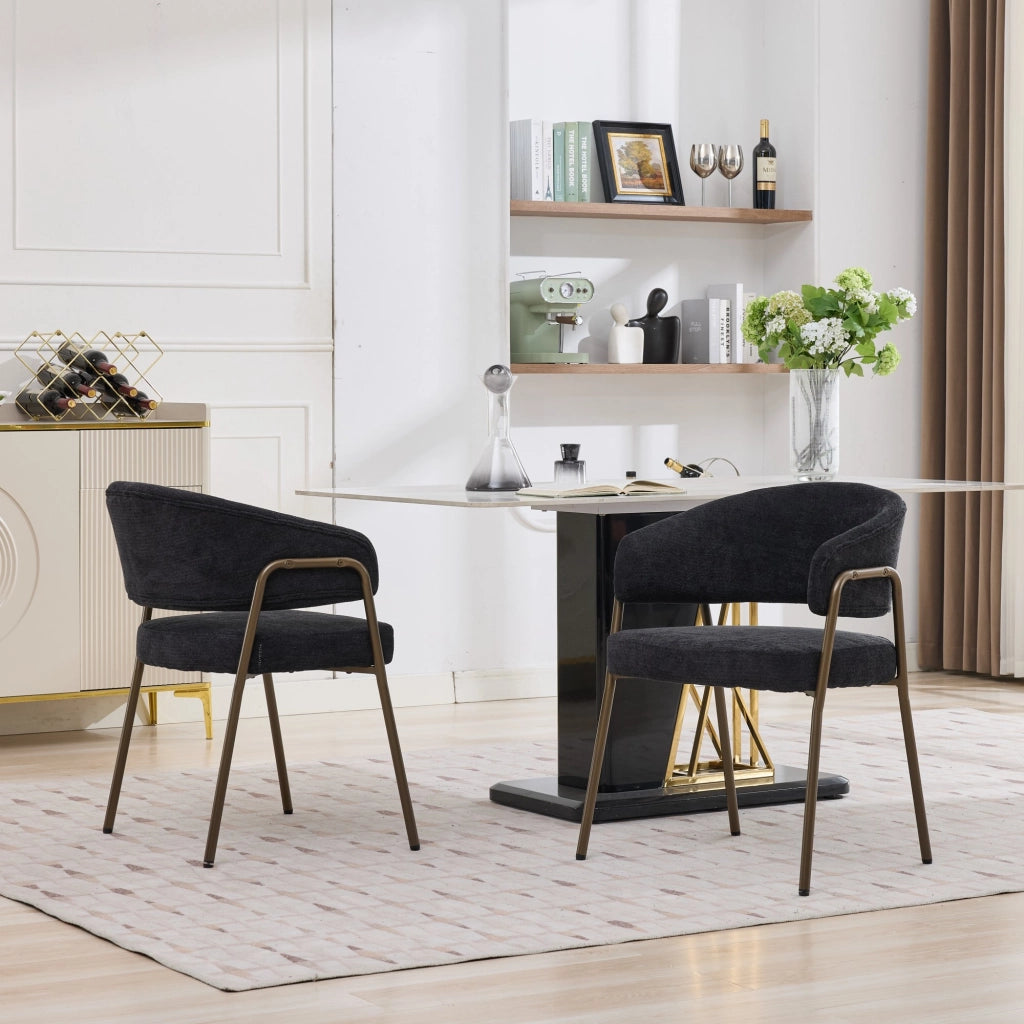 Sedia da Pranzo Imbottita con Braccioli ¨C MINIMAL ¨C Velluto Chenille Nero, Gambe in Metallo Ottone