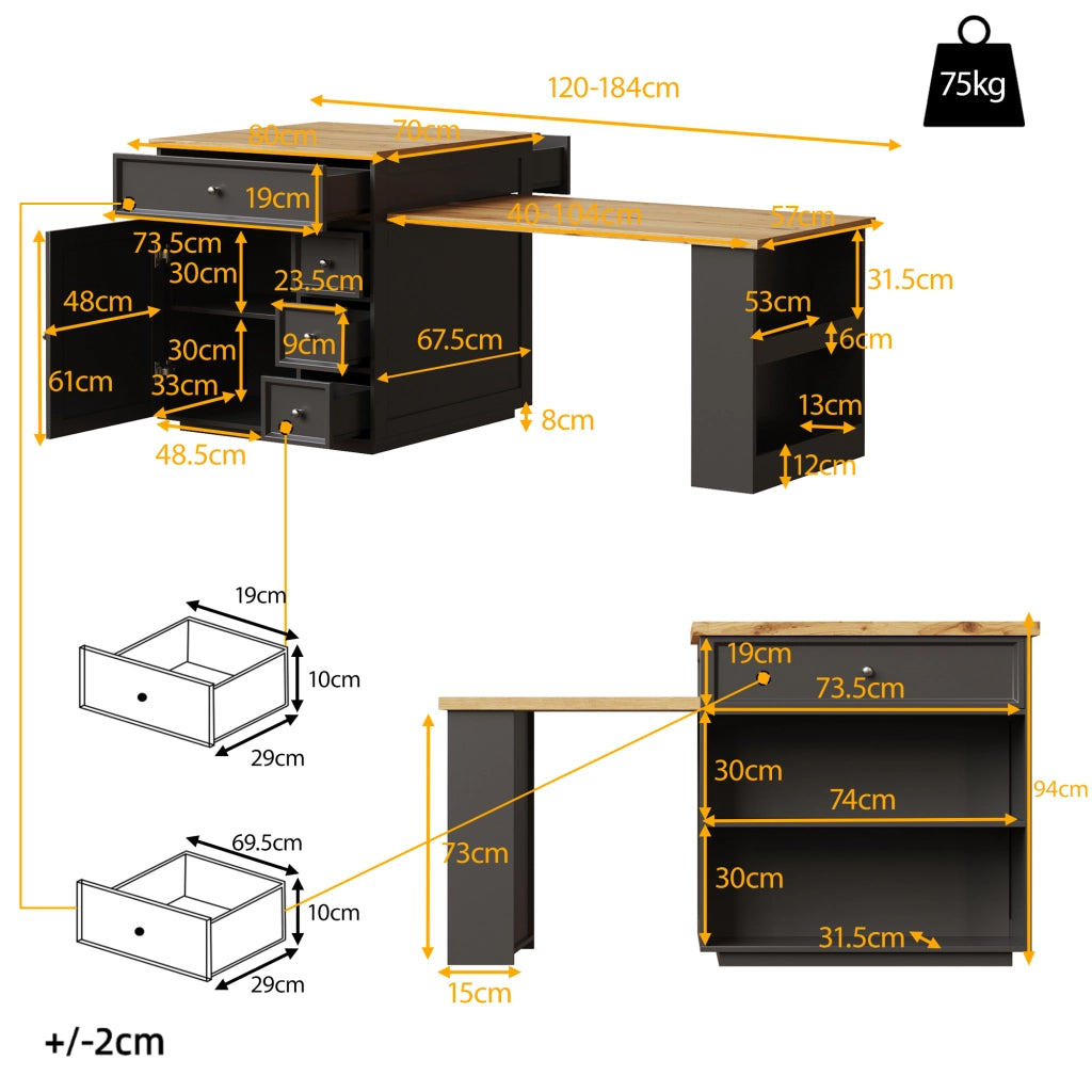 Isola Cucina Allungabile con Cassetti e Ruote ¨C MINIMAL ¨C Piano Effetto Legno, Nero, 120-184 cm