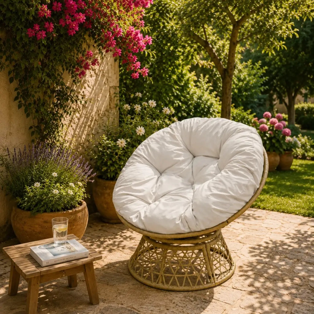Poltrona da giardino in resina intrecciata beige con cuscino grigio chiaro - 96x85x80 cm - Eleganza e comfort