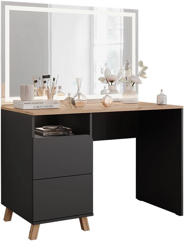 Tavolo da toeletta Karen, Antracite/Artisan, 110 cm con specchio a LED, Materiali robusti per un utilizzo duraturo