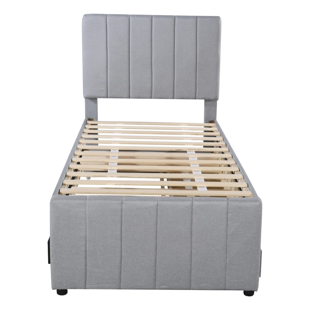 OKWISH Letto con Cassetti 90×200 cm, Letto Singolo con Letto Estraibile, 3 Cassetti e Testiera Regolabile, senza Materasso, Grigio