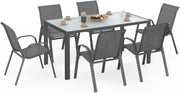 Set di mobili da Giardino Madrid Tavolo 150 cm e 6 sedie impilabili Grigio Antracite Piano Chiaro