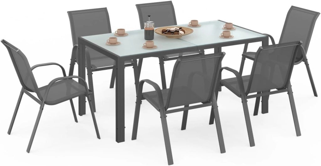 Set di mobili da Giardino Madrid Tavolo 150 cm e 6 sedie impilabili Grigio Antracite Piano Chiaro