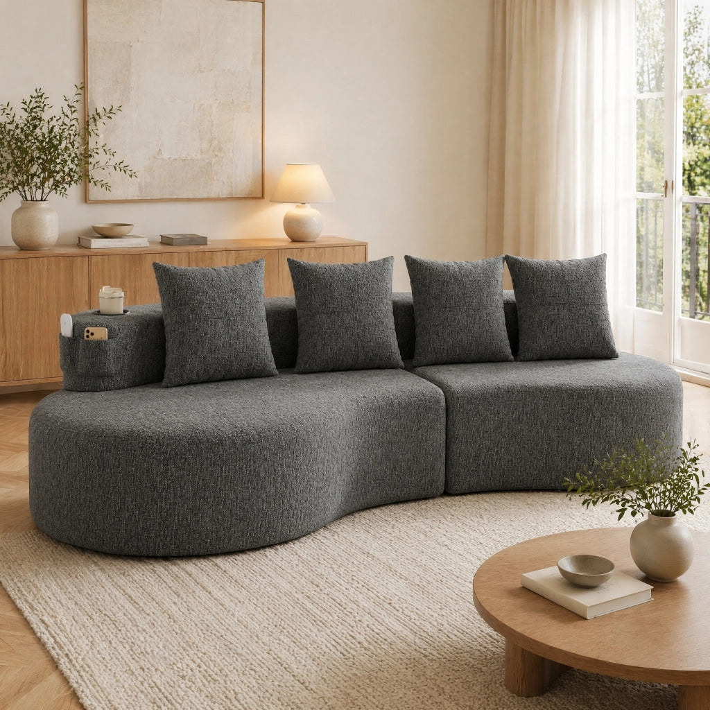 DIVANO 240x109x60 cm in lino grigio scuro con 4 cuscini