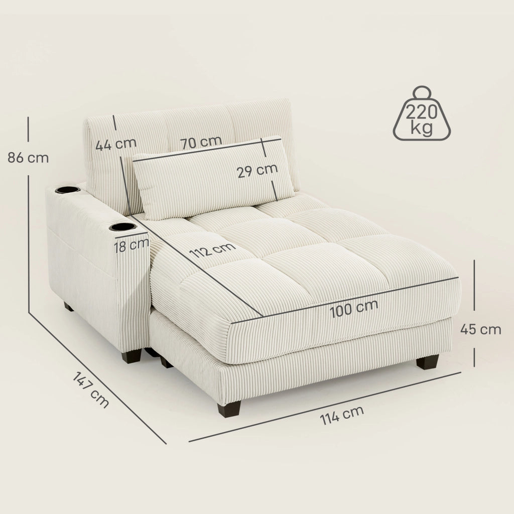 Divano letto con cuscino e porta bicchiere ¨C zephmum ¨C crema, tessuto imbottito, 180x90