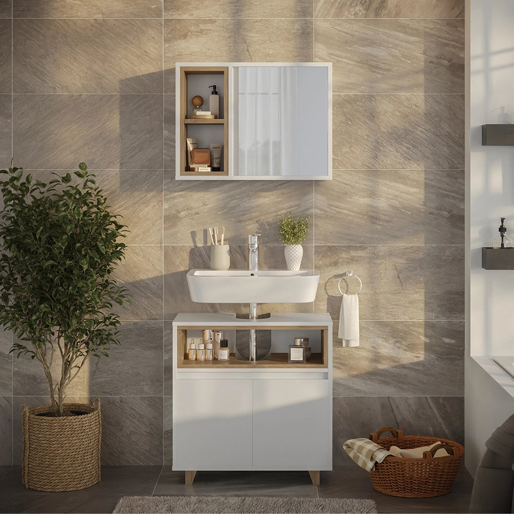 Vicco Set di mobili da bagno Bianco/quercia con mobiletto a specchio e mobiletto base