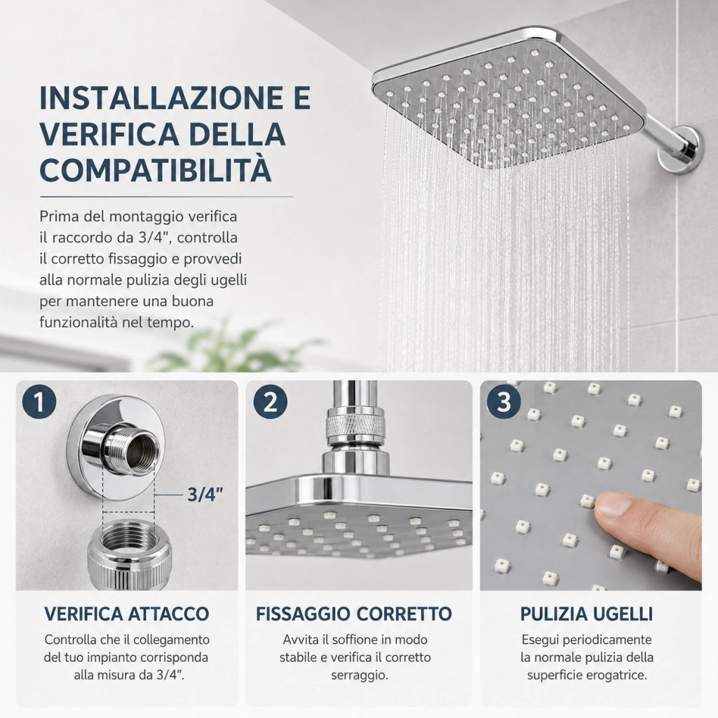 Soffione Doccia Quadrato 15x15 cm Effetto Pioggia Cromato 3/4" 59161