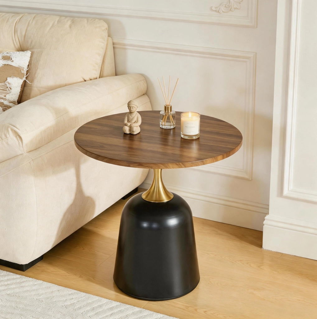 Tavolino rotondo con struttura in metallo; 70 × 69 × 40 cm; melamina noce e nero