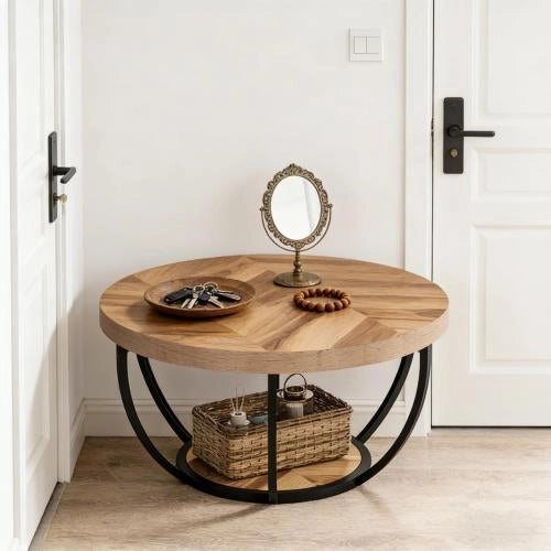Tavolino da salotto rotondo con 2 ripiani e struttura in metallo; design minimalista; in legno e metallo