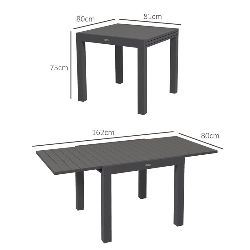TAVOLO DA GIARDINO ALLUNGABILE PER 4-6 PERSONE CON PIANO A DOGHE, IN ALLUMINIO, 81/162X80X75 CM, GRIGIO