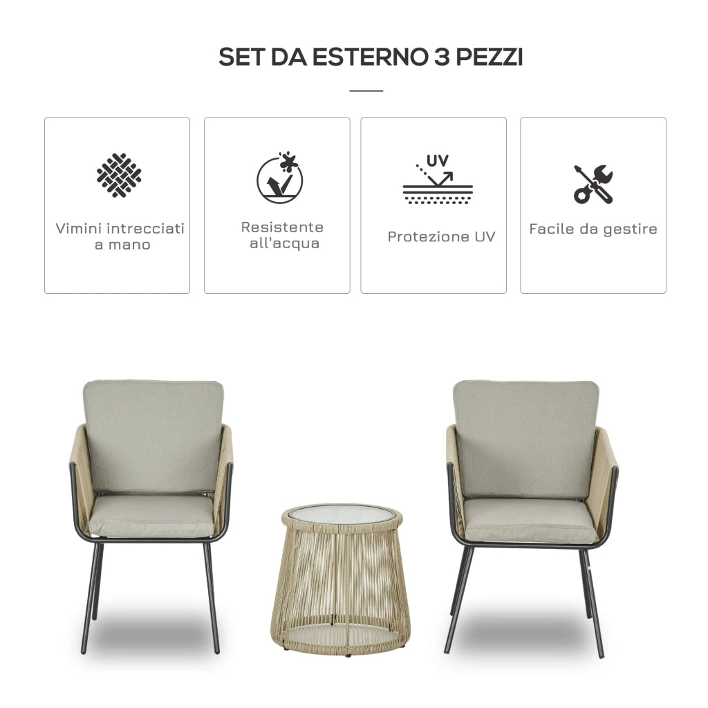 Set da Giardino 2 Sedie in Stile Boho e Tavolino in Vetro in Rattan Caffè