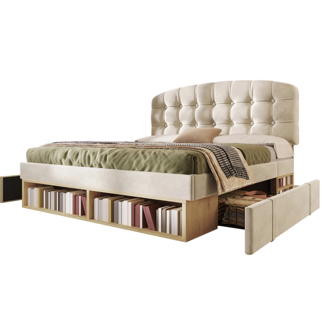 Letto imbottito 140x200 cm con testiera regolabile; cassetti e contenitori; velluto beige