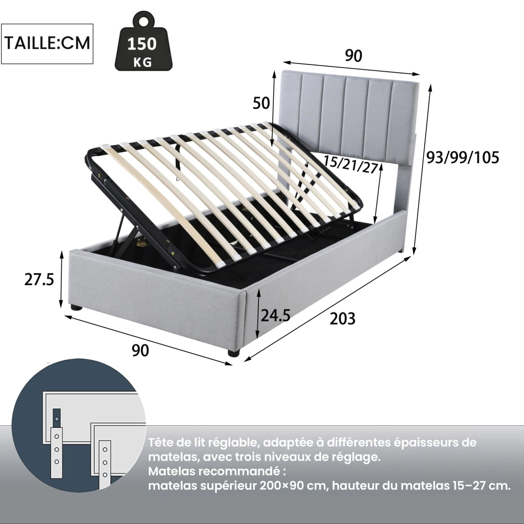 Letto Contenitore per Bambini Letto Singolo con Vano Contenitore e Testiera Regolabile 90×200 cm; senza Materasso; Grigio