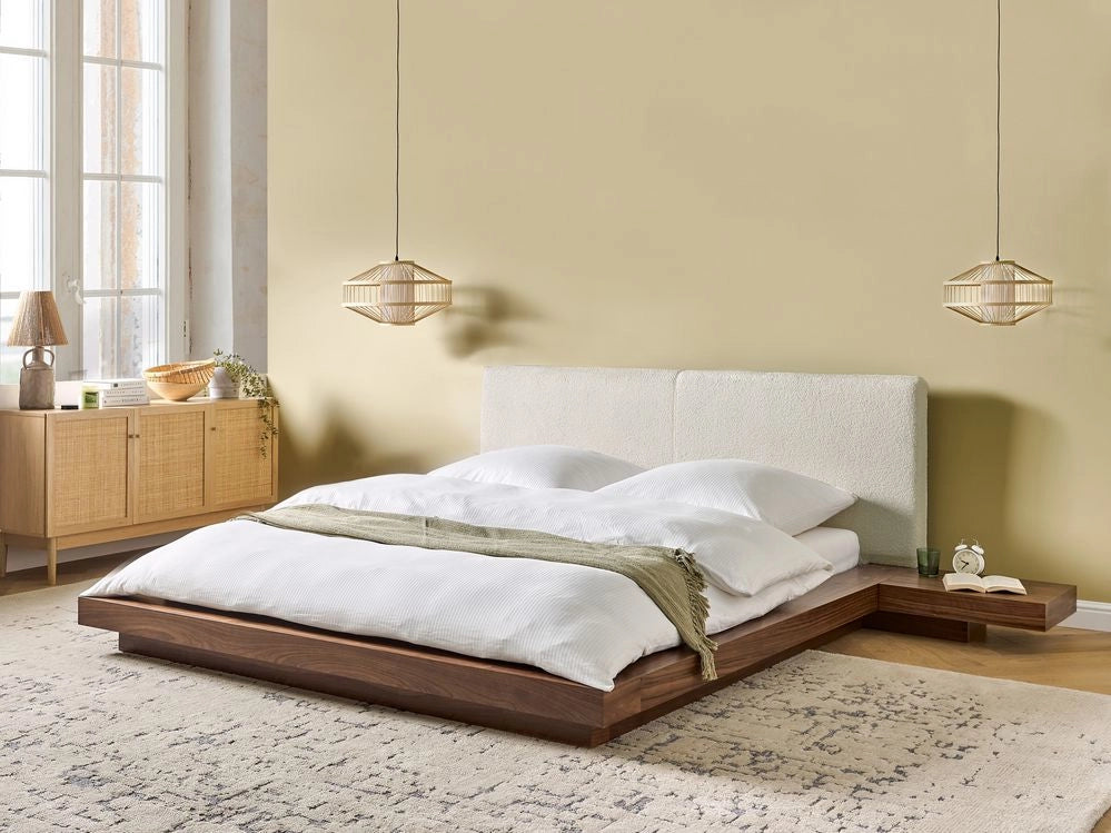 Letto in stile giapponese in frassino marrone 160 x 200 cm impiallacciato in legno bouclé testata bassa camera da letto