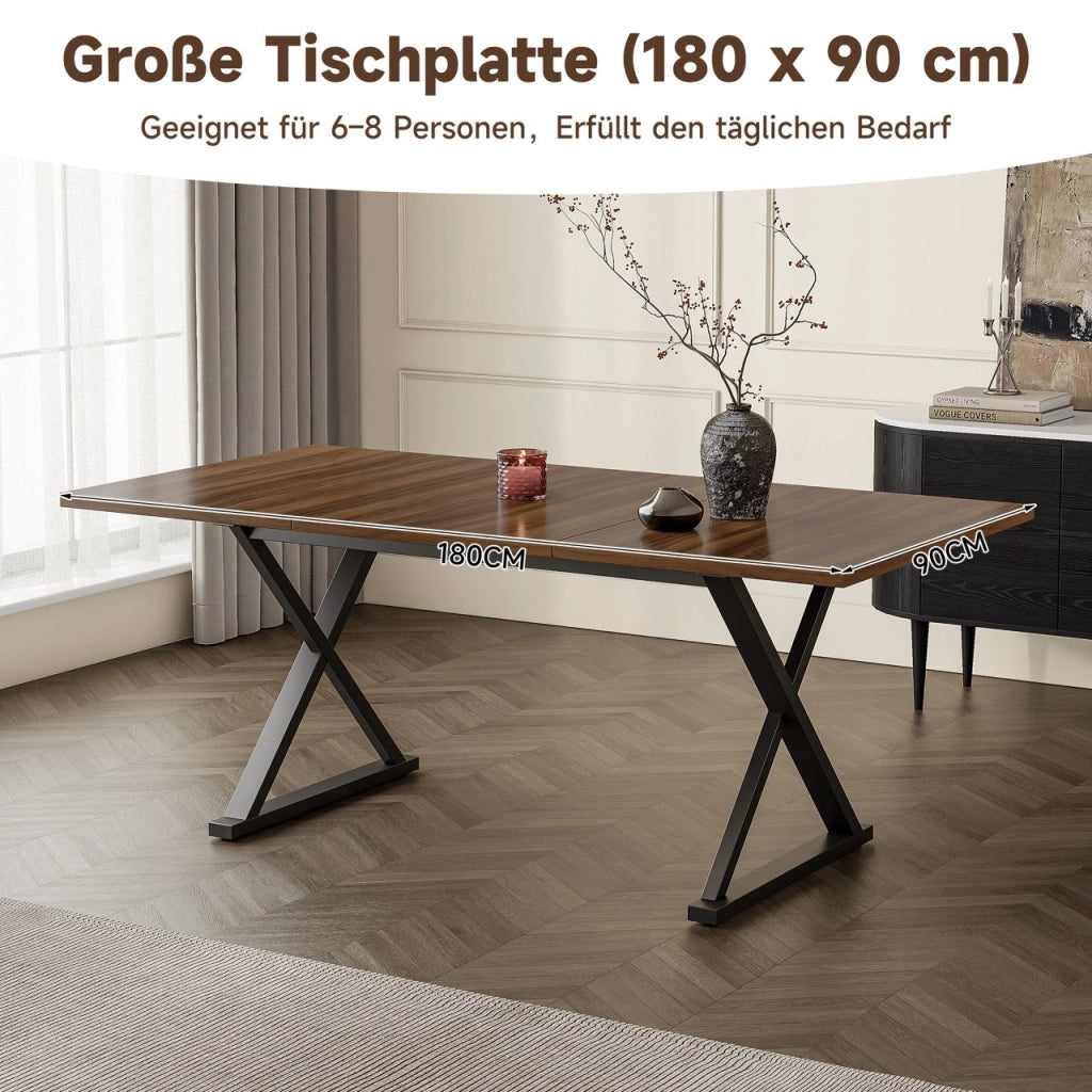 Tavolo da pranzo per 6-8 persone con gambe in metallo a X design minimalista in MDF noce e nero 180 × 90 cm