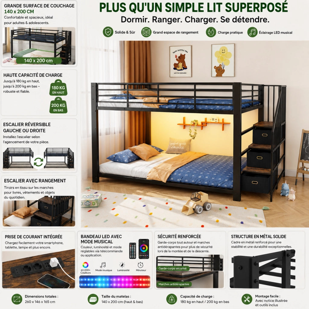 Letto a castello 140 x 200 cm in MDF e metallo con scala reversibile; LED e prese USB; nero