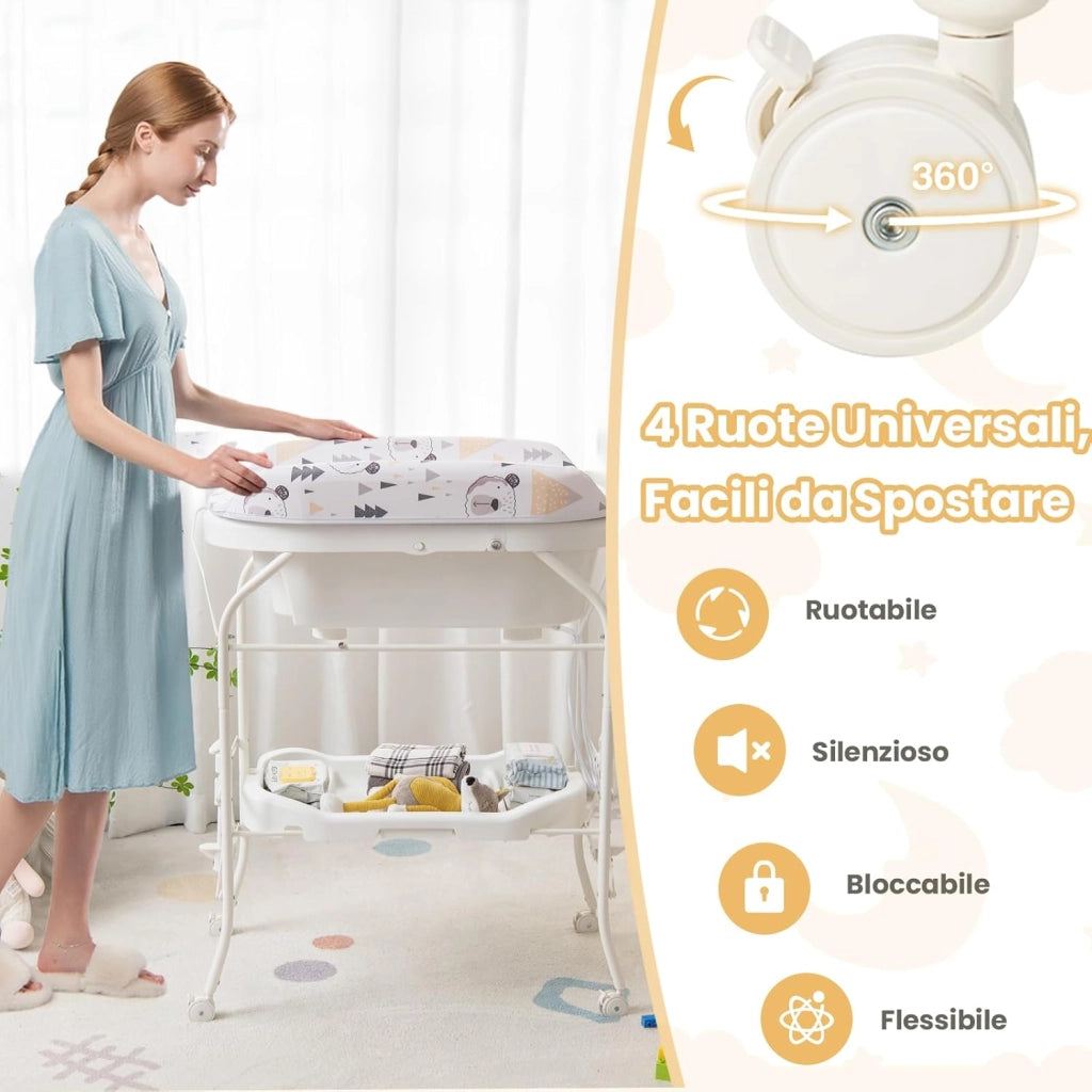 Fasciatoio con Vaschetta Bagnetto 2 in 1, Vasca da Bagno Pieghevole per Bambini, Fasciatoio con Materassino, Cestino Portaoggetti, Ruote con Freno, Portata 35kg+15kg (Bianco)