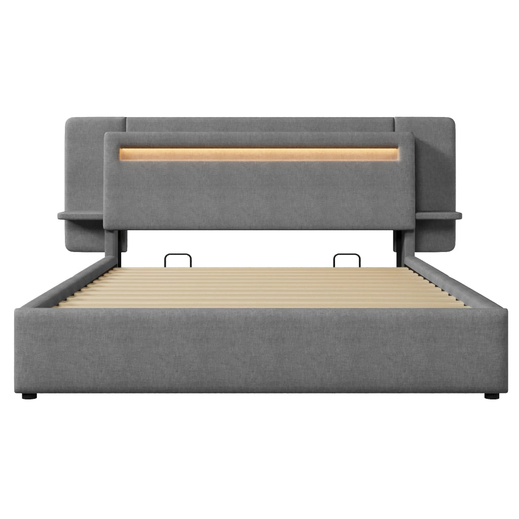 Letto imbottito 140x200 cm; letto contenitore con sollevamento idraulico; lino grigio