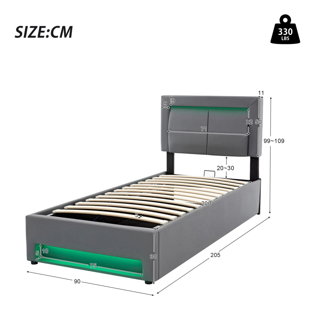 Letto imbottito singolo 90x200 cm con LED, USB e ricarica wireless