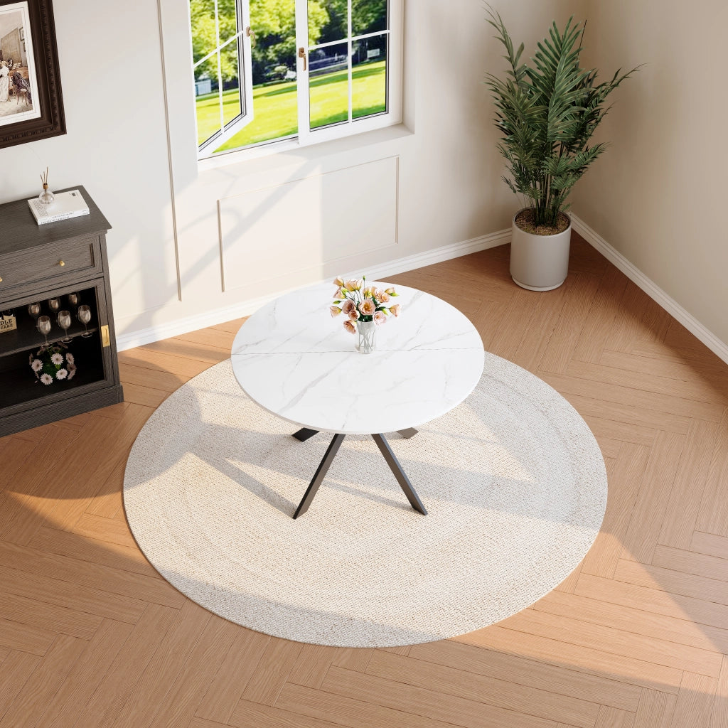 Tavolo da pranzo rotondo in MDF effetto marmo bianco con base incrociata in metallo per cucina e soggiorno nero diametro 110 cm