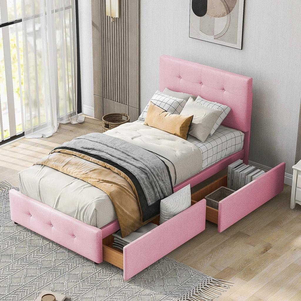 Letto imbottito 90x200 - Xylo - Beige, con cassetti