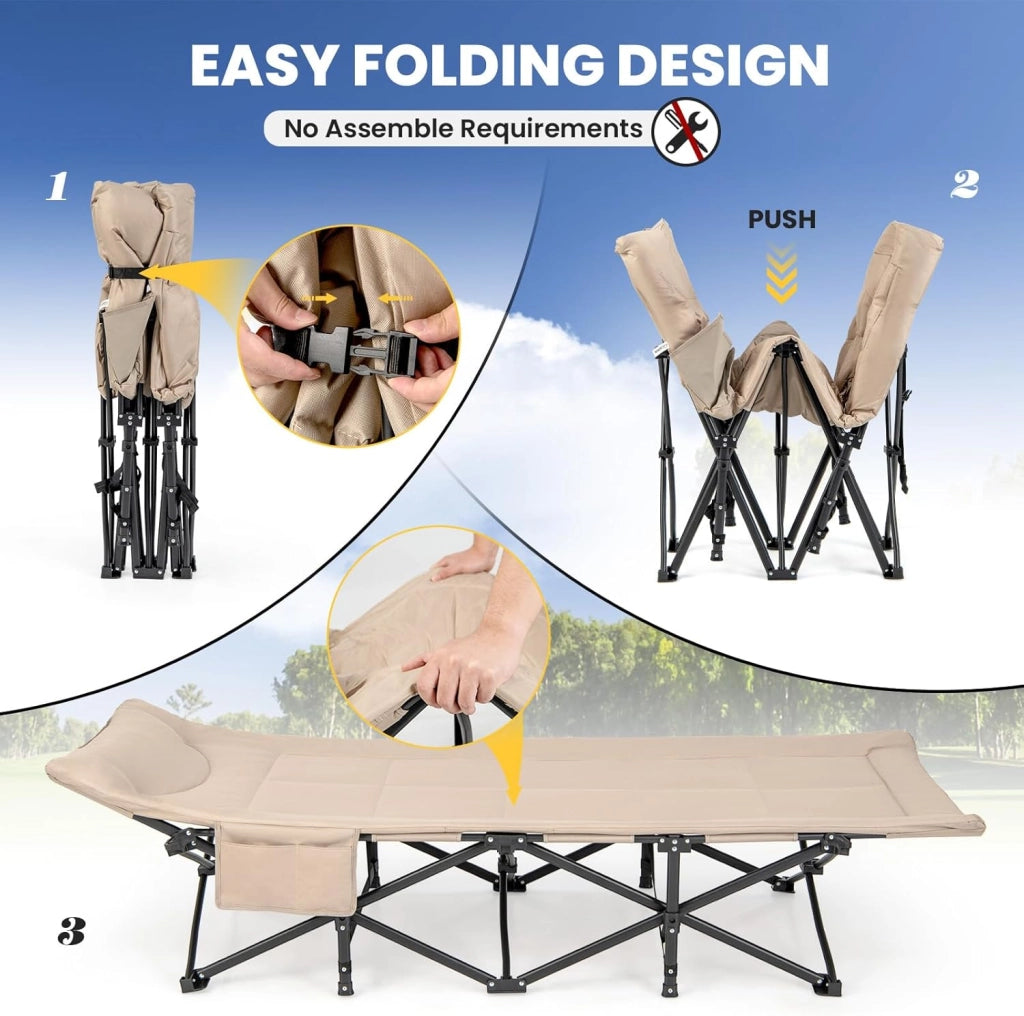 SOARS Lettino pieghevole da campeggio con cuscino integrato, letto pieghevole con tasca laterale e borsa per il trasporto, portata fino a 200 kg, per interni, esterni, 190 x 69 x 48,5 cm