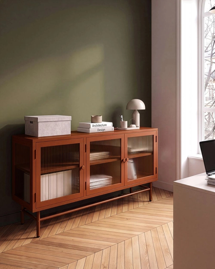 Credenza a 3 ante, acciaio color marrone dorato, vetro temperato scanalato, ripiani regolabili, coprigambe, mobili da soggiorno