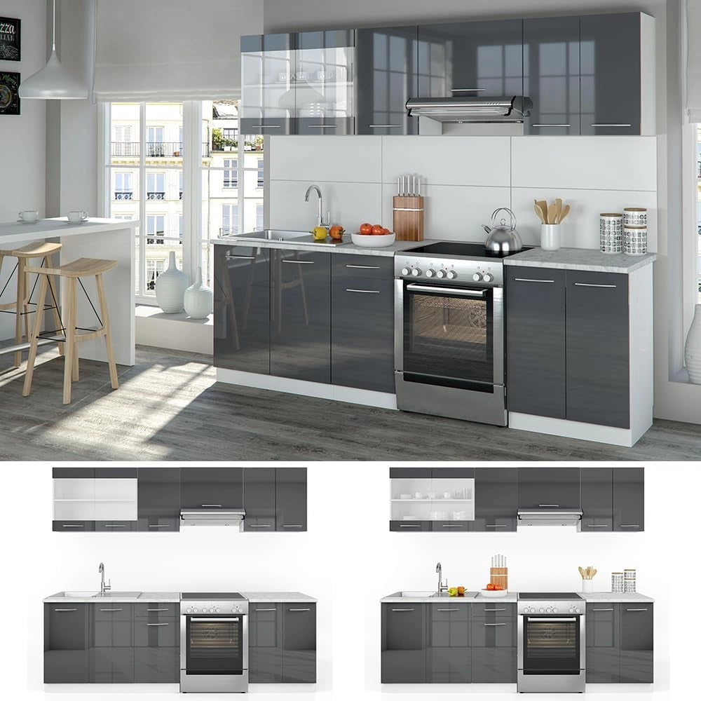 Mobile da cucina Raul, Antracite lucido/bianco, 240 cm, PL Marmo, combinabile in modo flessibile con elementi modulari