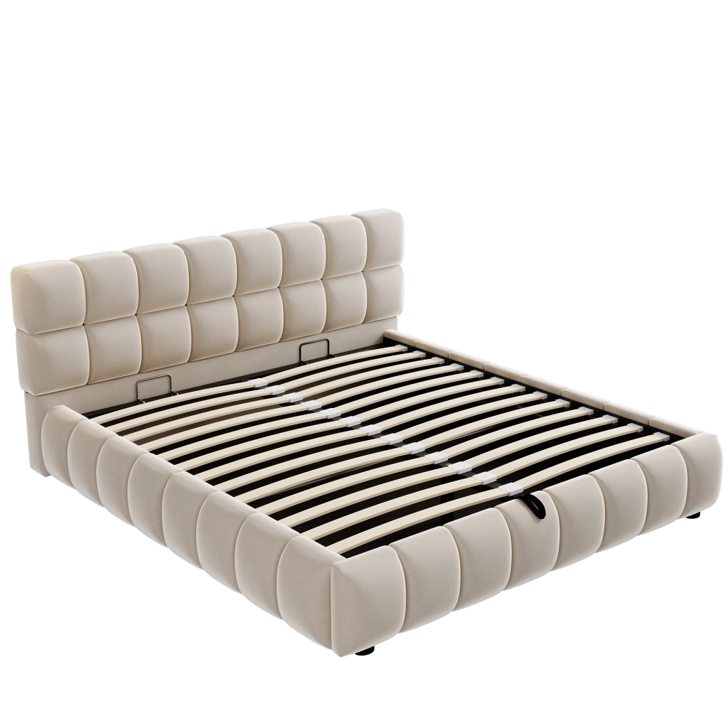 Letto Contenitore 140 x 200 cm; testiera imbottita; contenitore idraulico in Velluto Beige