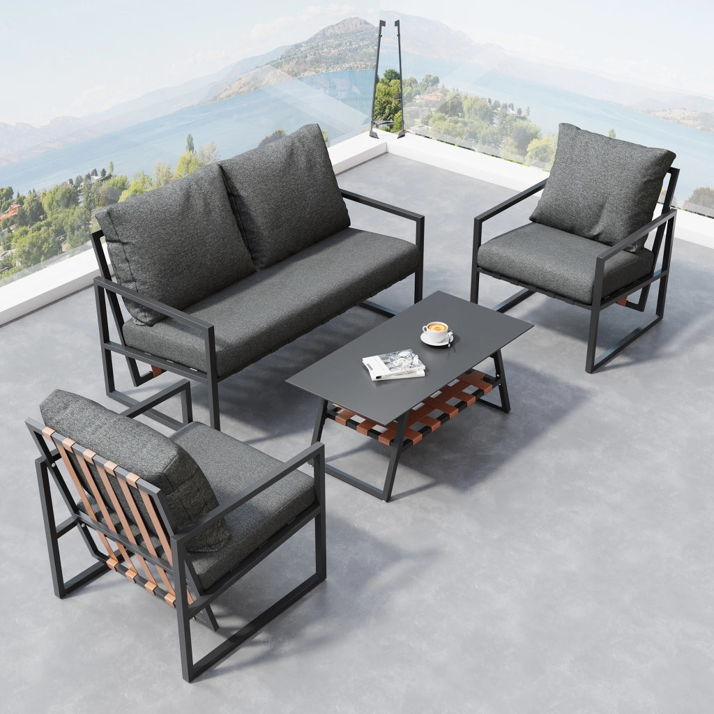 OKWISH Set da 4 mobili da giardino con divano, 2 poltrone, tavolino e cuscini, PVC e acciaio zincato Nero