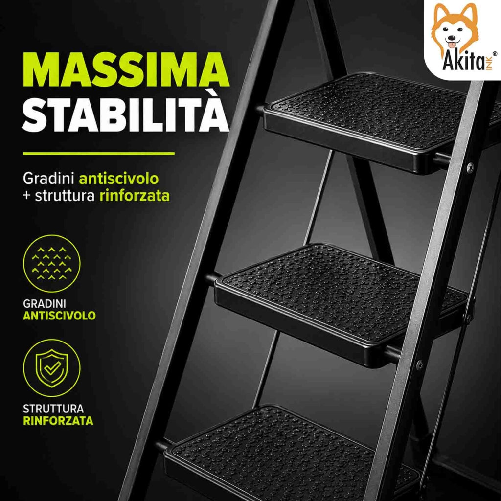 Akitaink Scaletta 3 Gradini Nera Acciaio Antiscivolo 150 Kg