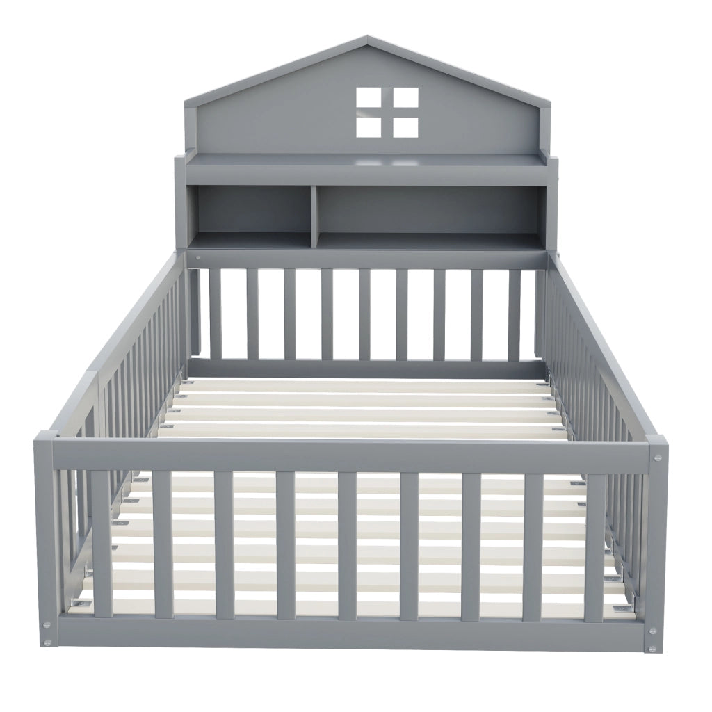 Letto per bambini 90×200 cm a casetta con ripiani; barriera e porta; senza materasso; legno; grigio
