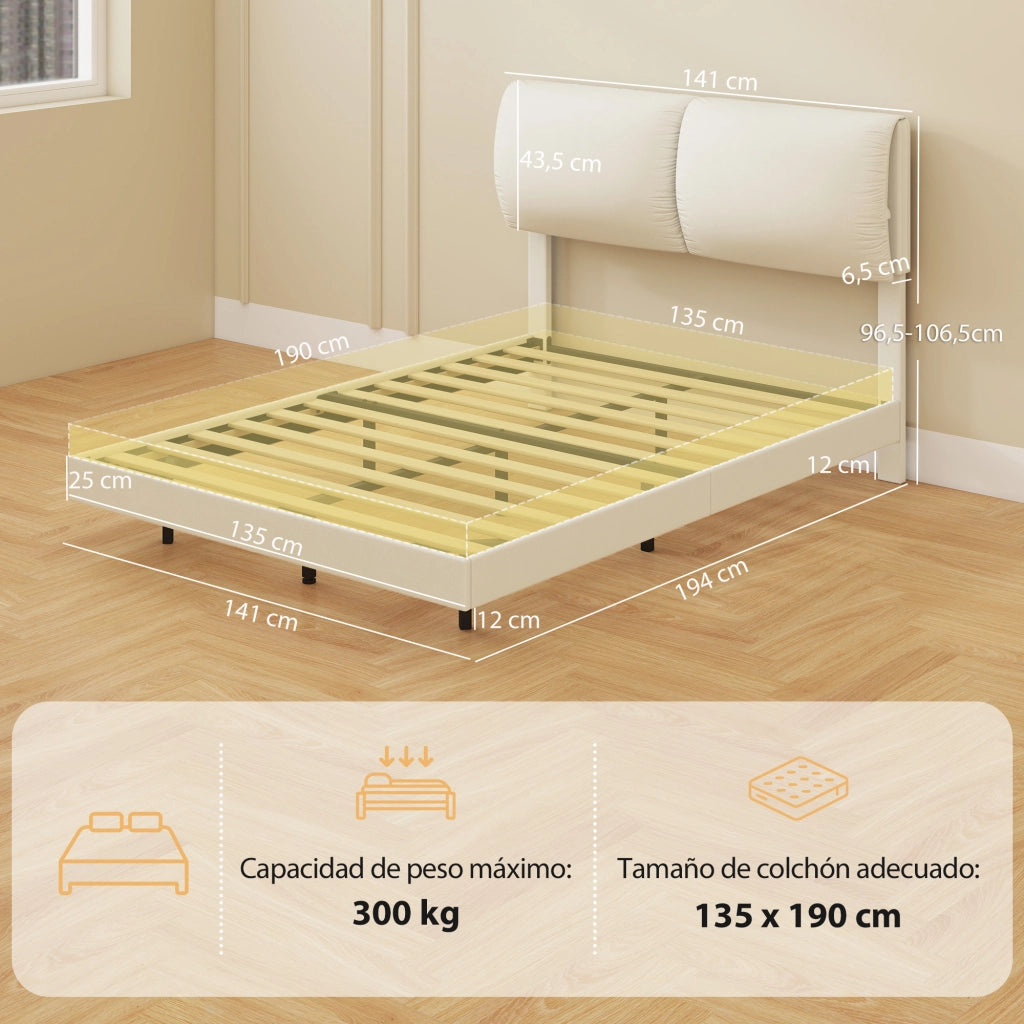Letto Matrimoniale Imbottito con Testiera ¨C Zephmum ¨C Beige 135x190 cm Struttura Metallo