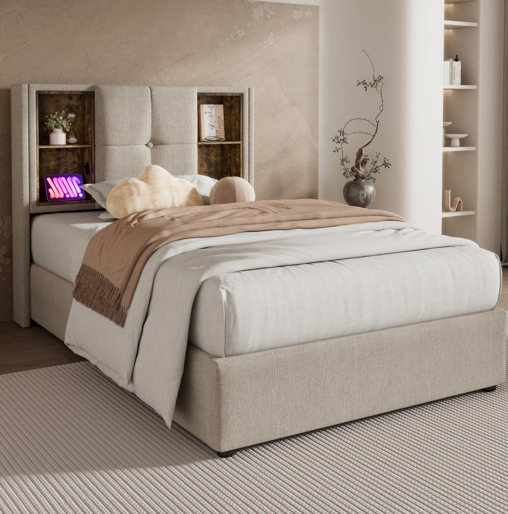 Letto singolo 90x200 cm con ricarica wireless; USB C e contenitore; lino naturale