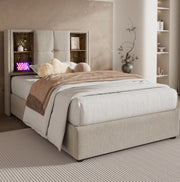 Letto singolo 90x200 cm con ricarica wireless; USB C e contenitore; lino naturale