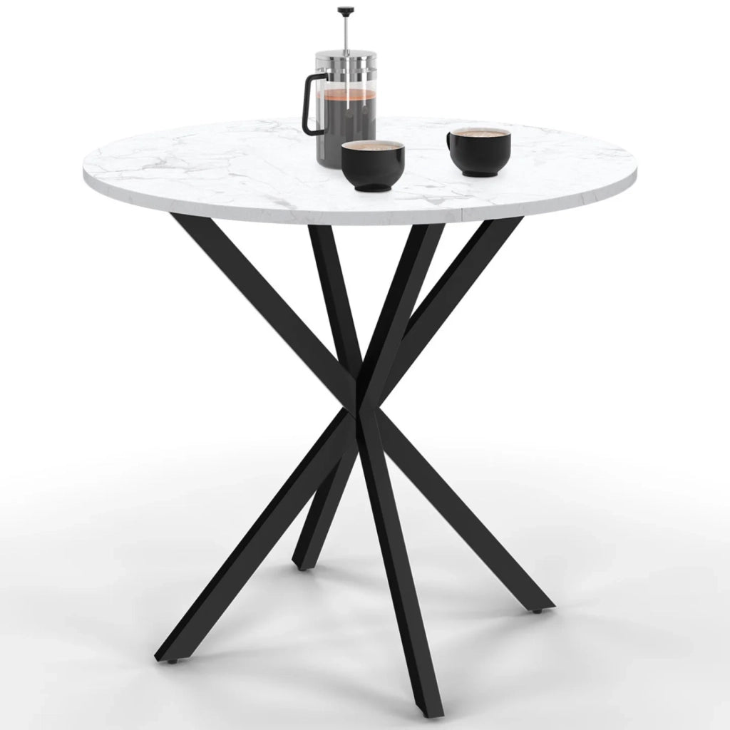 IDMarket - Tavolo da pranzo rotondo per 4 persone ALIX con gamba a ragno nera e piano ALASKA 80 cm effetto marmo bianco