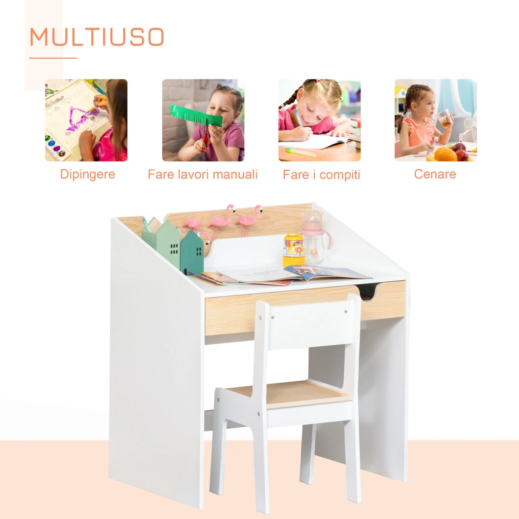 Set Scrivania e Sedia per Bambini con Cassetto e Scaffale, Bordi Arrotondati, Et¨¤ 6-10 Anni, Bianco e Legno