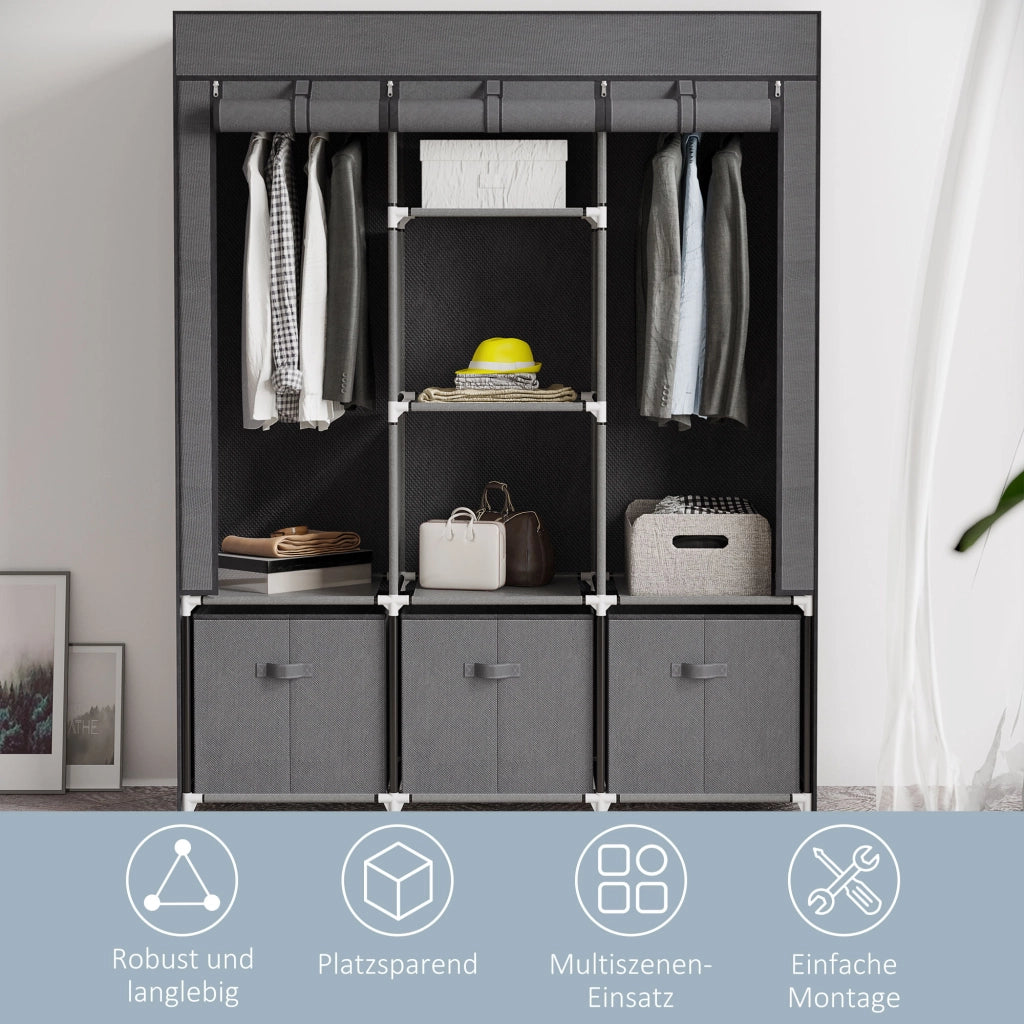 Armadio pieghevole in acciaio con 2 appendiabiti 5 ripiani aperti e 3 cassetti grigio scuro 125 × 43 × 162,5 cm