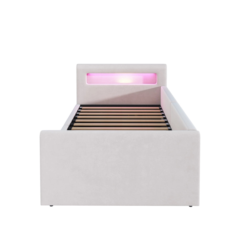 Letto imbottito 90x200 cm con LED; luce notturna; USB e contenitore in velluto beige