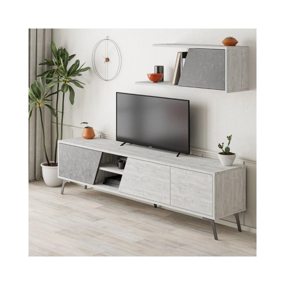 Mobile porta Tv Fiona 180X35,6X48 con mensola a parete colore bianco vintage cemento
