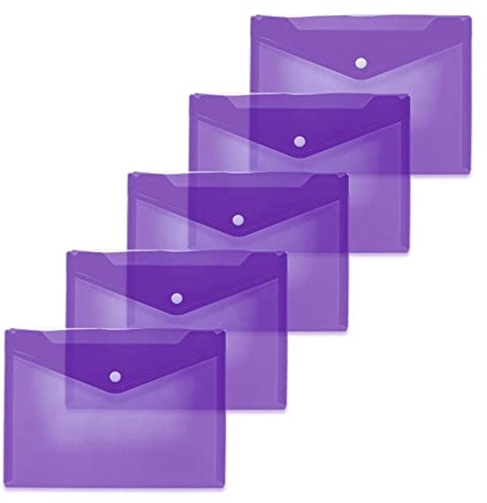 Documenti A5 trasparenti viola, 5 pezzi, piccole tasche con chiusura a bottone, buste trasparenti per scuola, università, ufficio, viaggio