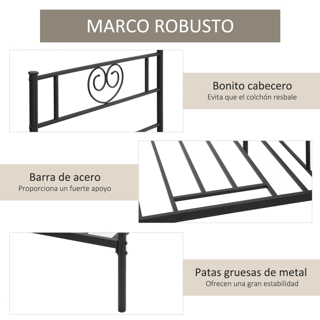 Letto Singolo in Metallo con Testiera a Forma di Cuore ¨C Zephmum ¨C Nero 90x190x31 cm