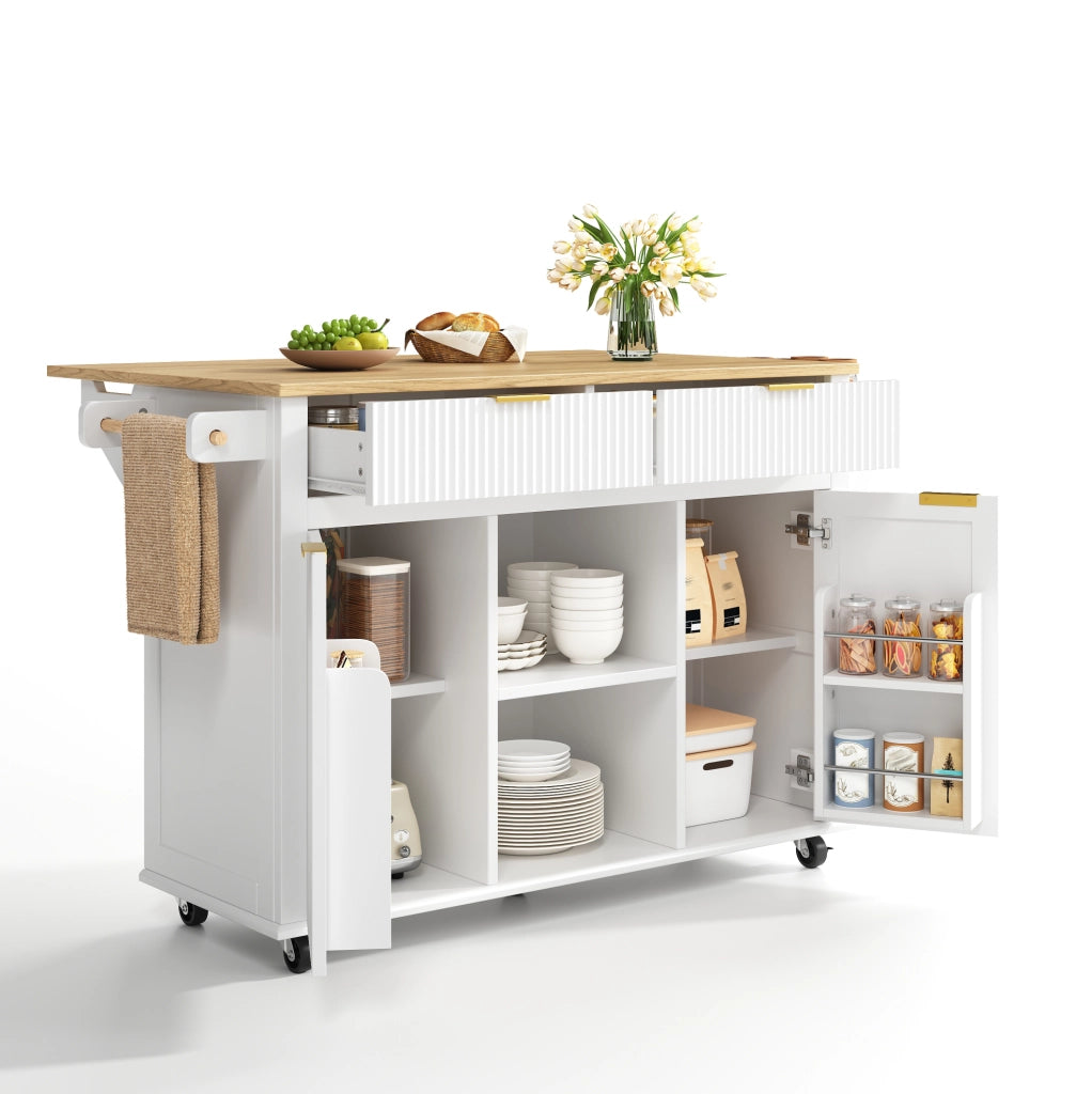 Isola cucina 143x45 cm bianca in MDF, piano pieghevole e 5 ruote