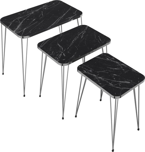 Tavolo di Accompagnamento Esterno - Set di 3 - Marmo Nero e Argento - Piastrelle in Legno e Metallo - Design Stilistico