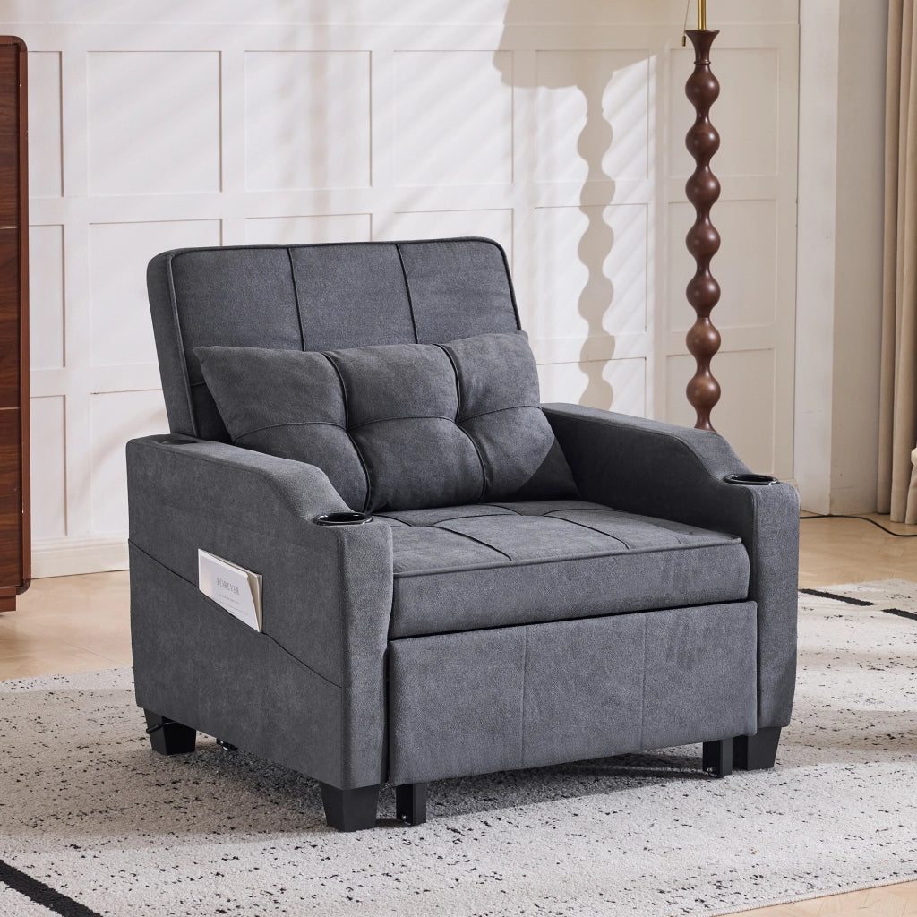 Poltrona letto 3 in 1 con schienale regolabile, porta USB, porta bicchieri e tasca laterale, grigio scuro 74 × 87 × 84 cm