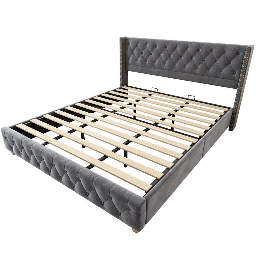 Letto imbottito in velluto grigio 180 x 200 cm con rete e testiera