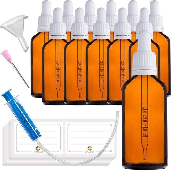 Set di Flaconi in Vetro di Pioggia da 50ml - Piccolo Flacone in Vetro con Cappuccio a Pipetta - 12pz Flaconi in Vetro di Miele - Inclusi 29pz Accessori di Aiuto