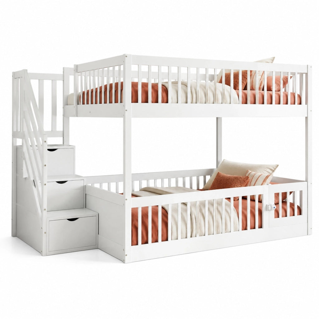LETTO a castello 140x200 cm in legno bianco con scala e cassetti
