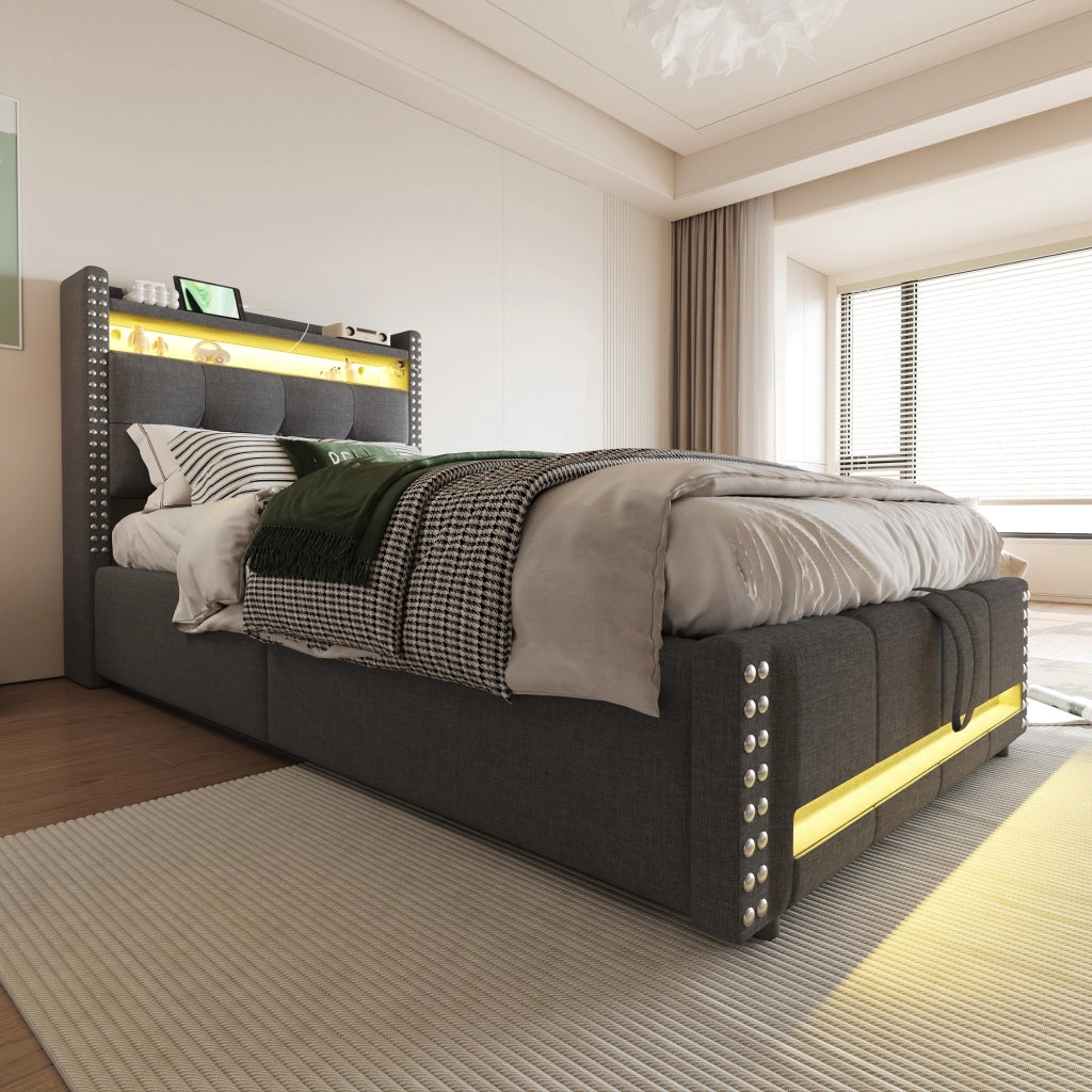 DESMIU Letto per bambini 90 × 200 cm con LED, USB, vano contenitore e idraulico, senza materasso, lino grigio