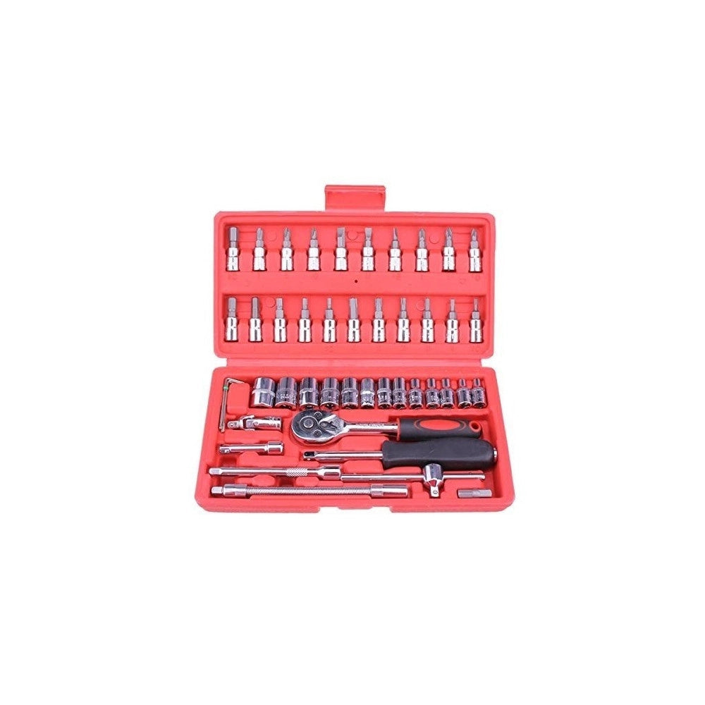 Trade Shop - Set Kit 46 Pezzi Chiavi A Bussola Con Cricchetto 1/4" Cacciavite Esagonale Tubo -